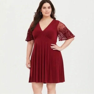 Torrid | Red Lace Sleeve Studio Knit Skater Dress | 2X